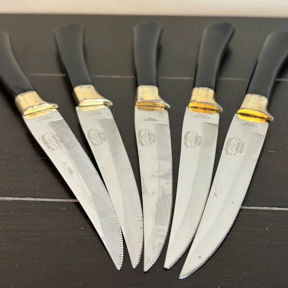 Vintage Armack Sheffield‎ England Steak Knife Set 5pc Black Gold Stainless Steel